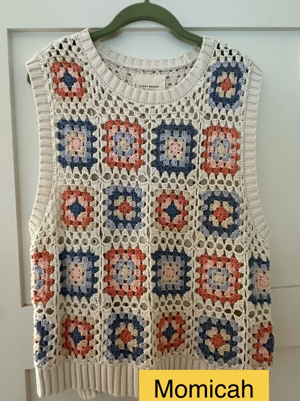 Lucky Brand Cream Crochet Sleeveless Sweater with Blue and Coral Motifs